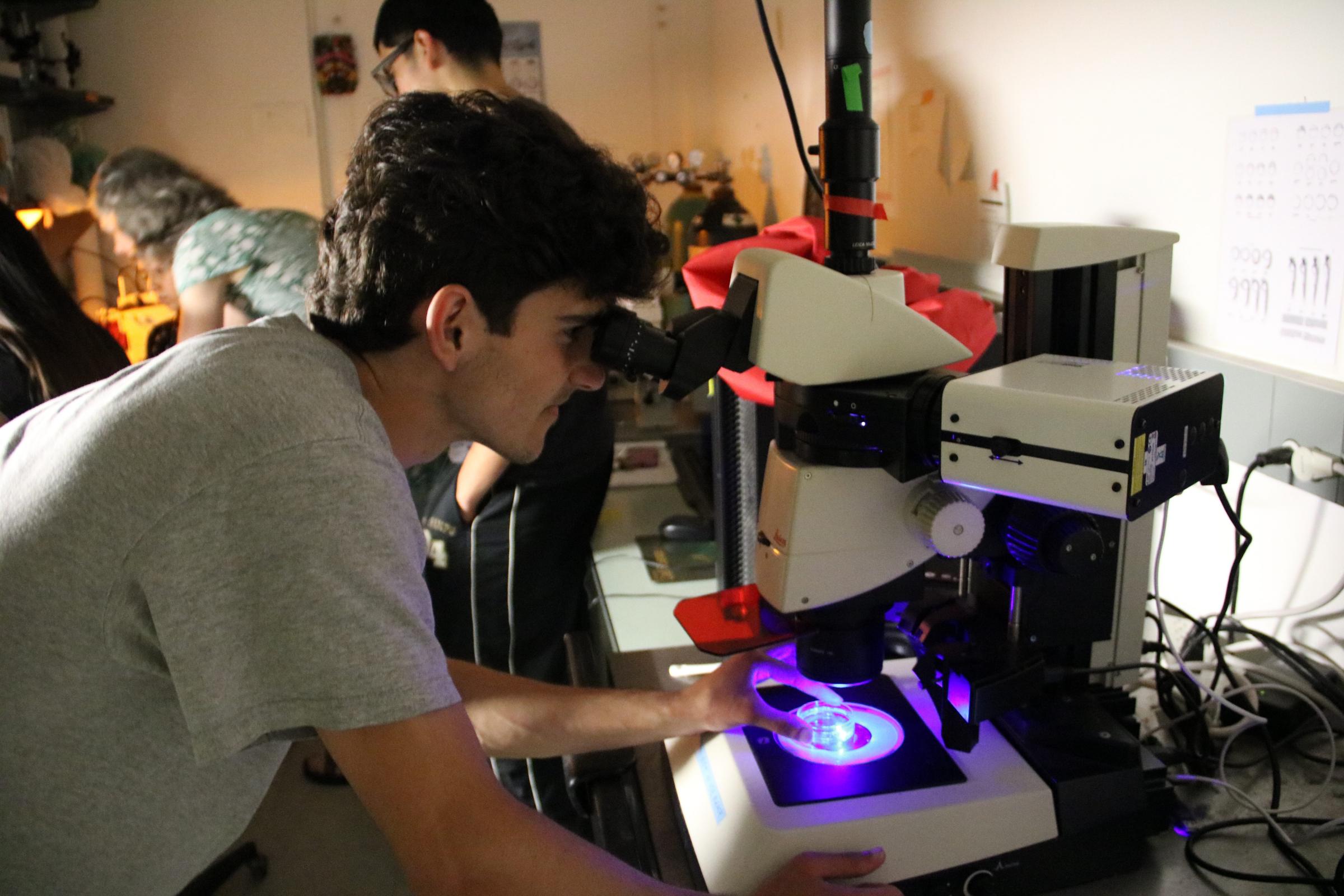 Teacher looking at microscope